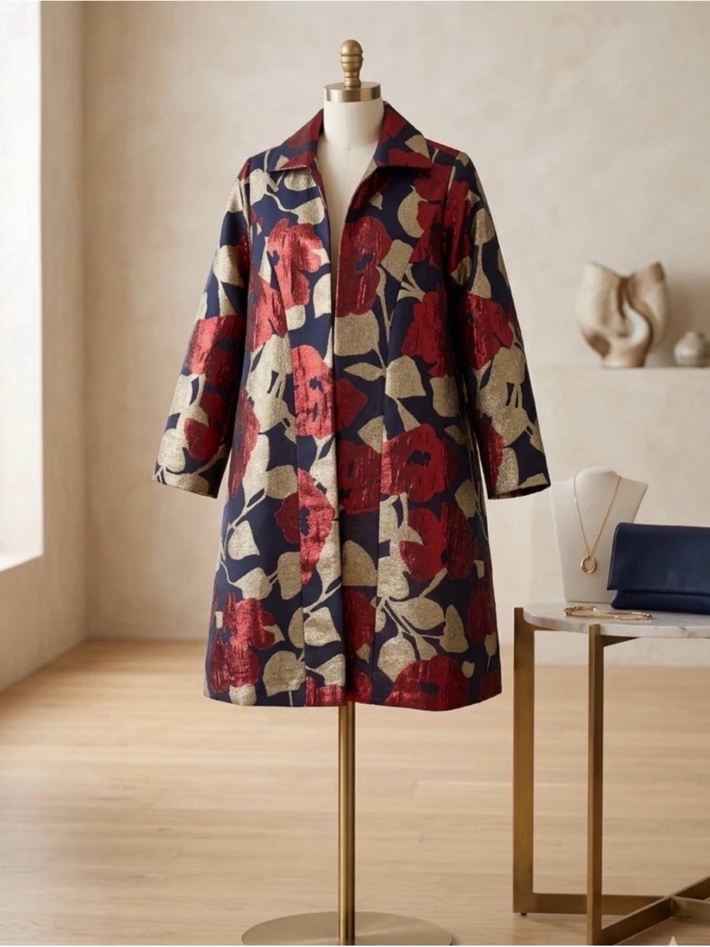 Frances Valentine Navy Floral Jacquard Trench Coat with Red & Gold Accents